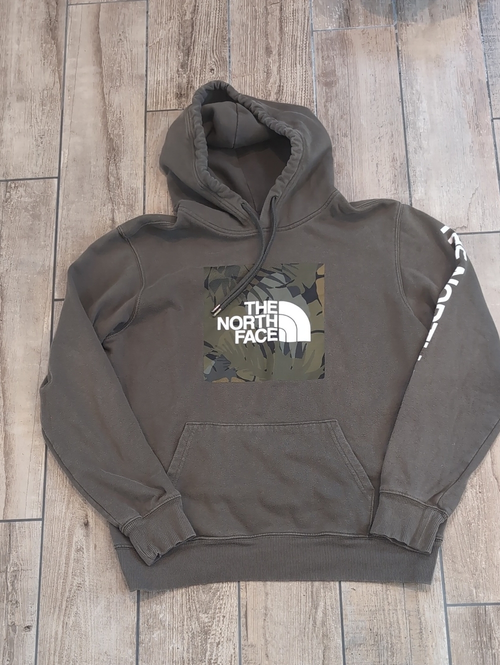 The North Face Olive Green Hoodie with Camo Logo Square